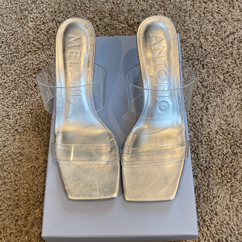 Antonio Melani Clear Geometric Heel Vinyl Sandals